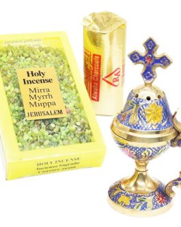 Decorated Brass Incense Burner with Cross, Myrrh and Charcoal Kit