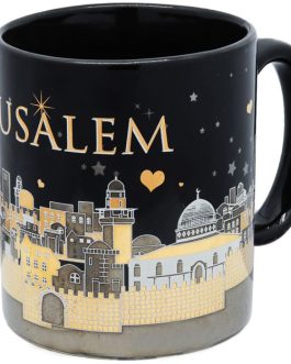 Ceramic ‘Jerusalem of Gold’ Souvenir Mug – Gold Metallic – Black 4″