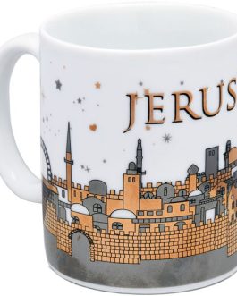 Ceramic ‘Jerusalem of Gold’ Souvenir Mug – Gold Metallic – White 4″
