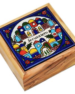 ‘Gates of Jerusalem’ Ceramic Tile on Olive Wood Box – 3 Size Options