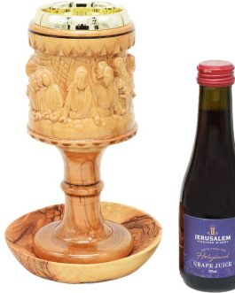 The Last Supper (Faceless) Olive Wood Chalice, Dish & Grape Juice 8″