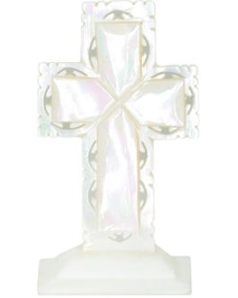 Mother of Pearl Cross – Standing Ornament with Lacey edge – 2.5″
