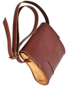 Handmade Leather & Olive Wood Shoulder Bag from Israel – Dark Tan