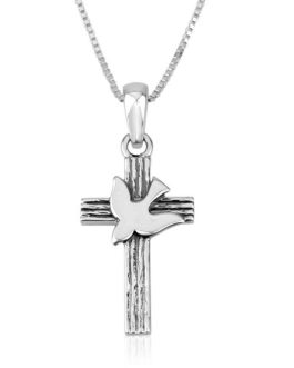 ✟ Holy Spirit Dove Descending on a 925 Silver Rugged Cross Pendant